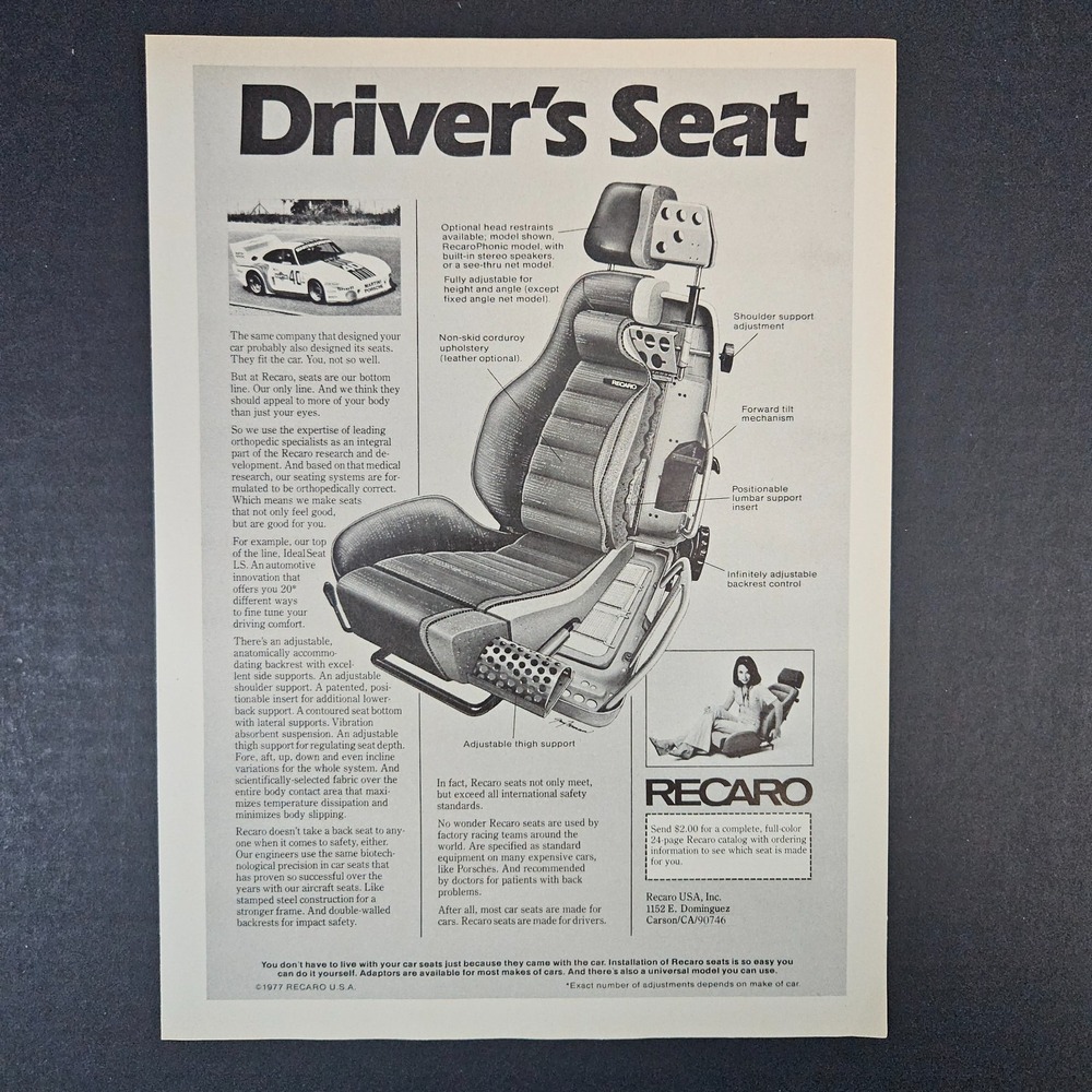 1979 Recaro USA Driver's Seat Custom Made Fit Vintage Print Ad Carson CA Racecar